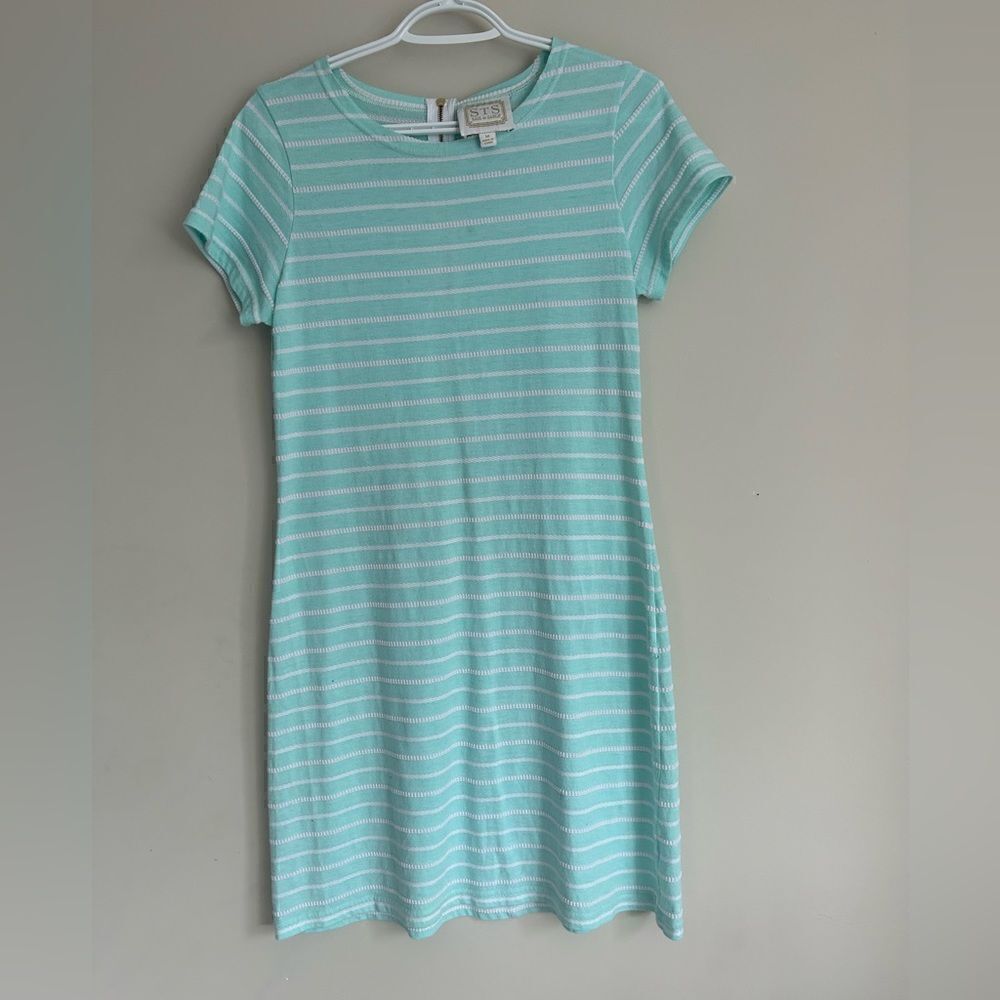 Sail to Sable Mint Green Blue Striped Short Sleeve Dress Textured